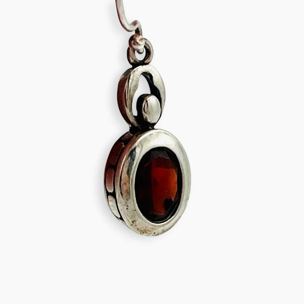 Vintage LUCAS LAMETH LUC 925 Sterling‎ Silver Red Garnet Pendant Dangle Earrings